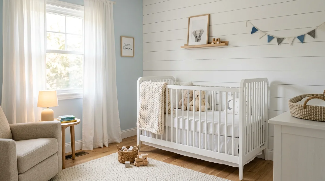 Soft pastel blue boy nursery with a white crib and warm natural light.