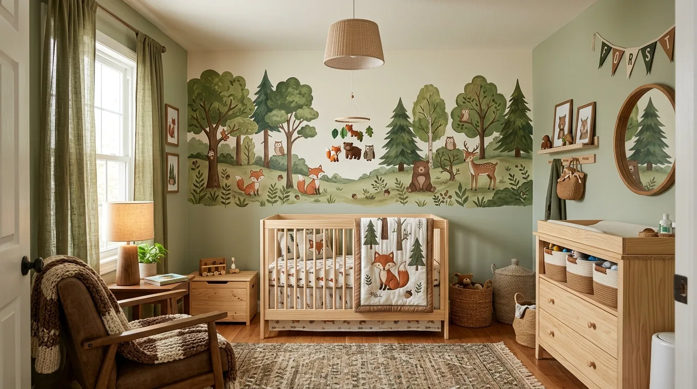Woodland themed boy nursery with forest mural and animal bedding.