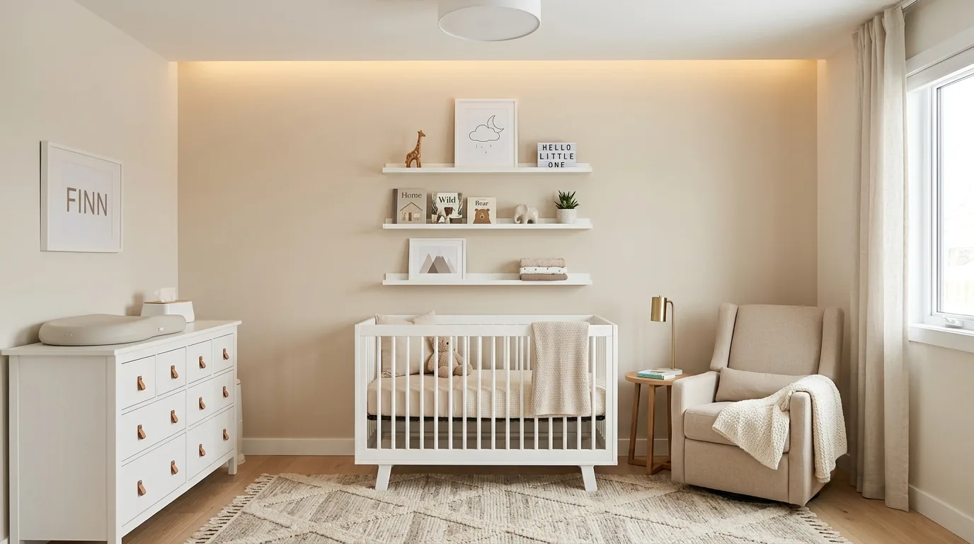 Modern minimalist boy nursery with beige tones and sleek white crib.