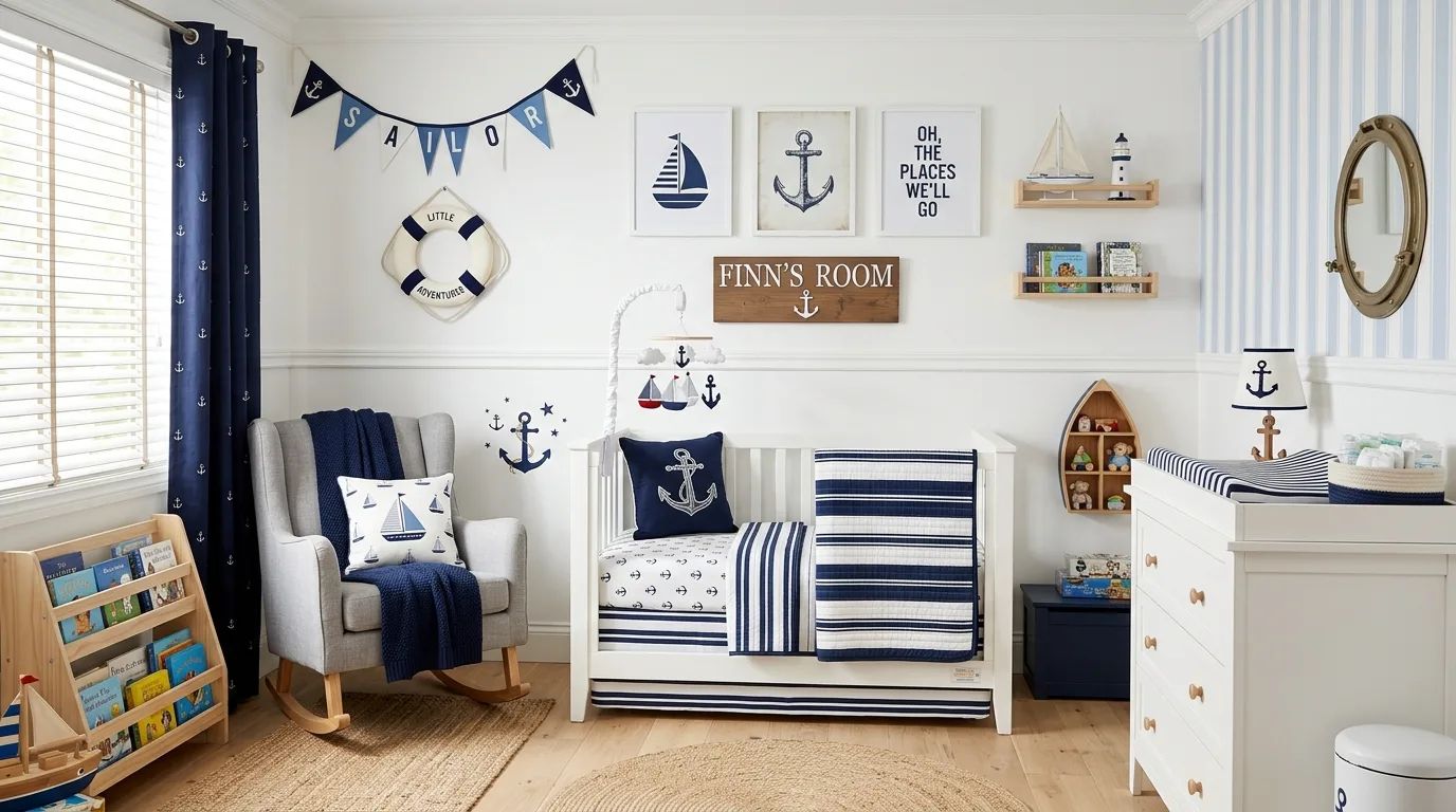 Nautical themed boy nursery with navy and white palette.