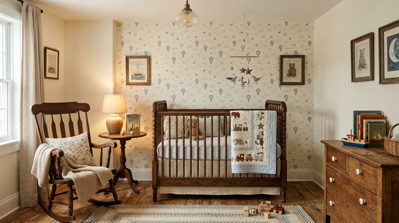 Vintage inspired boy nursery with antique wooden crib.