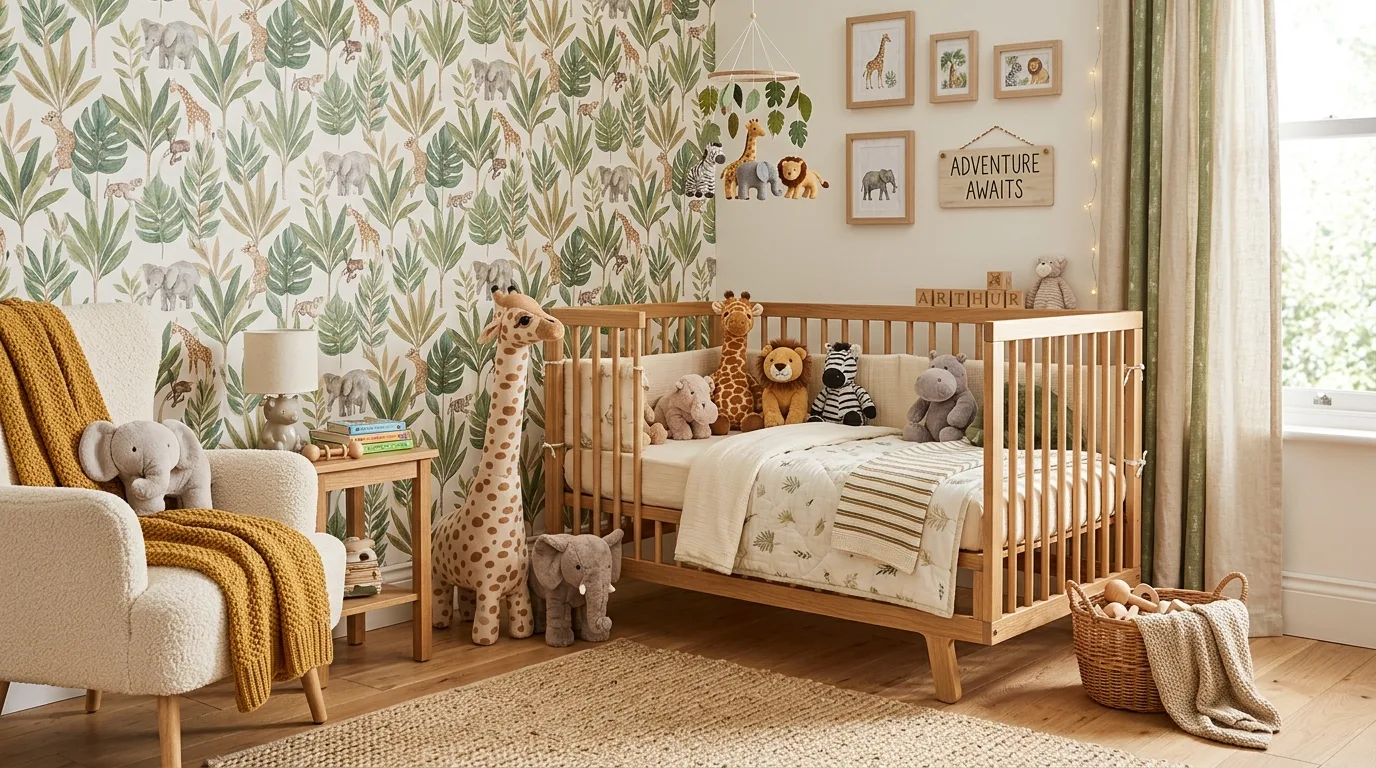 Safari themed boy nursery with plush giraffes and jungle wallpaper.
