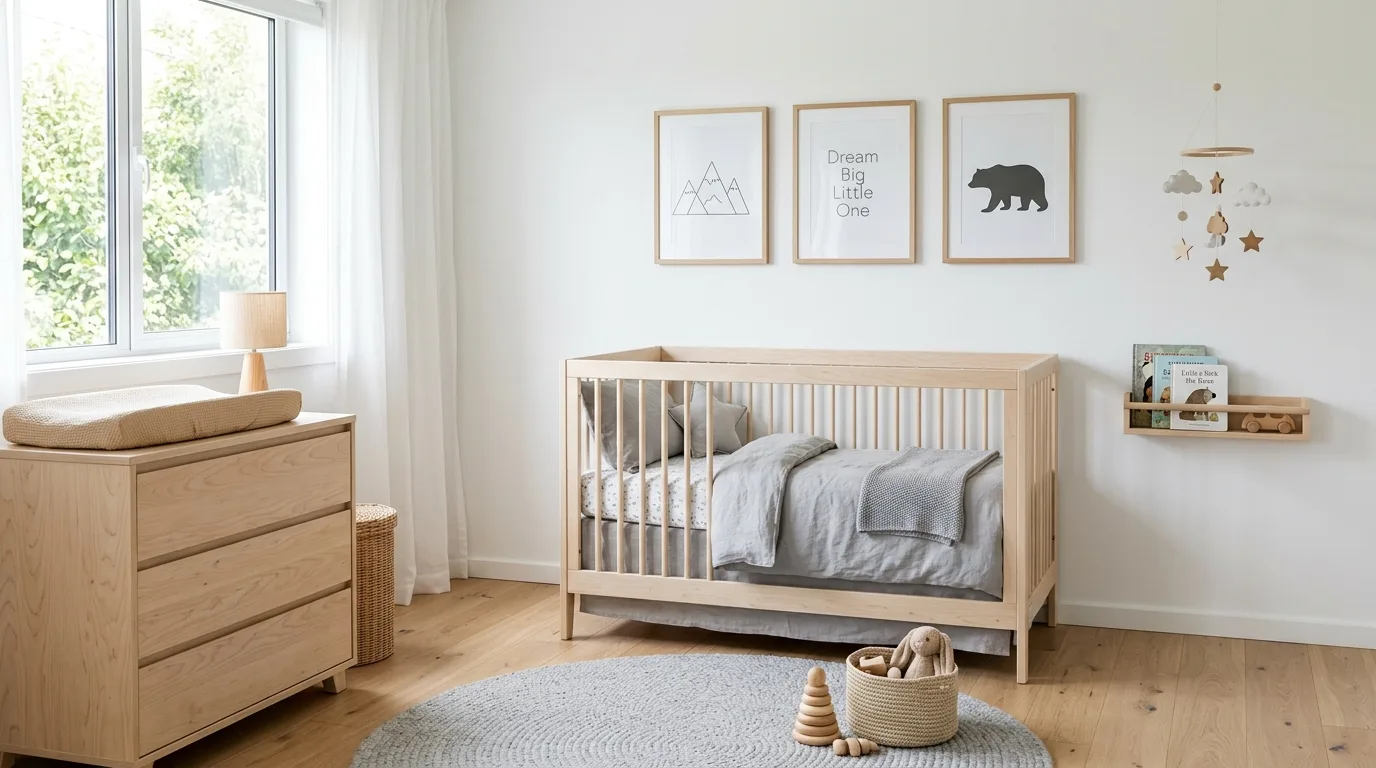 Scandinavian style boy nursery with light wood crib.
