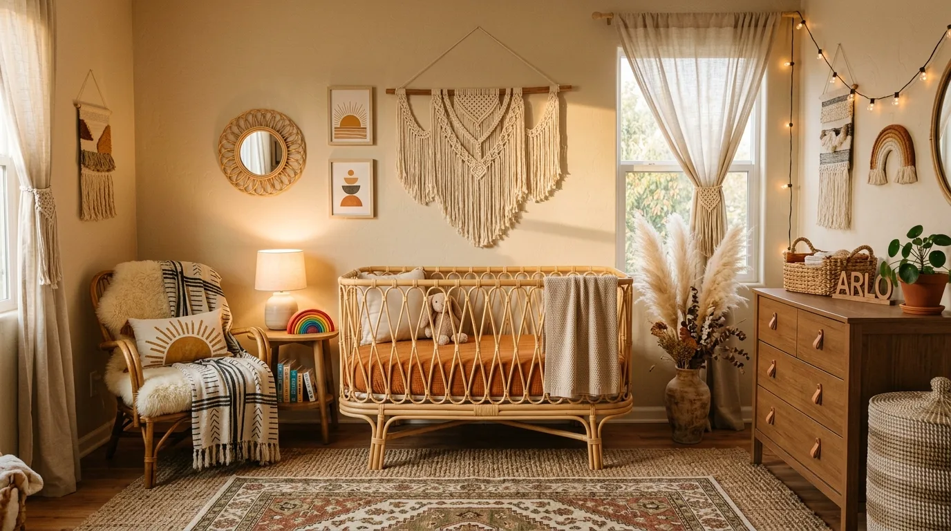 Boho boy nursery with rattan crib and macrame wall decor.