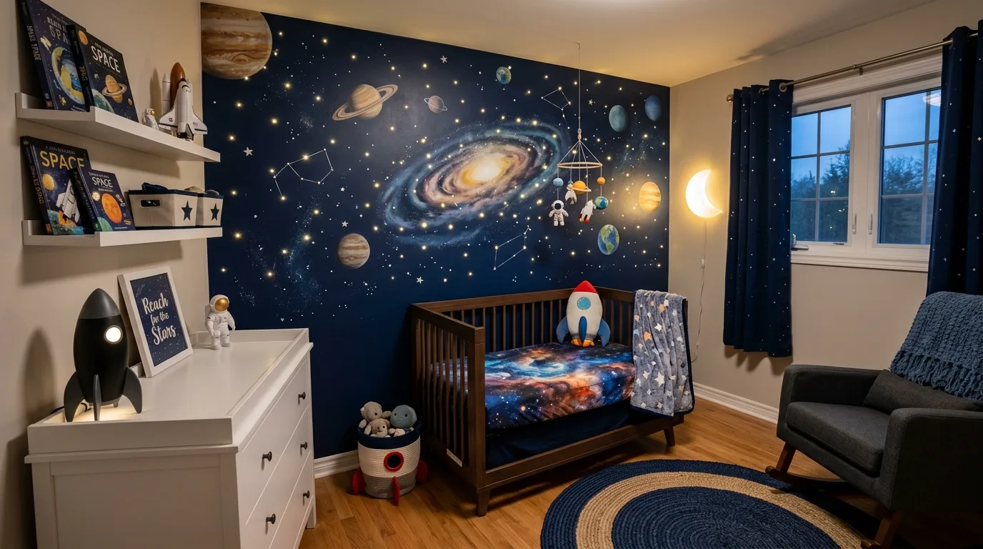 Space themed boy nursery with stars and planets on a deep blue wall.