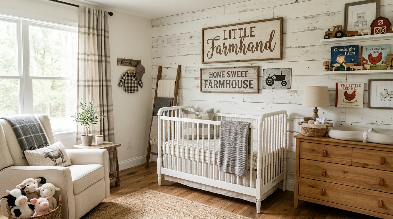 Farmhouse boy nursery with white crib and rustic wood accents.