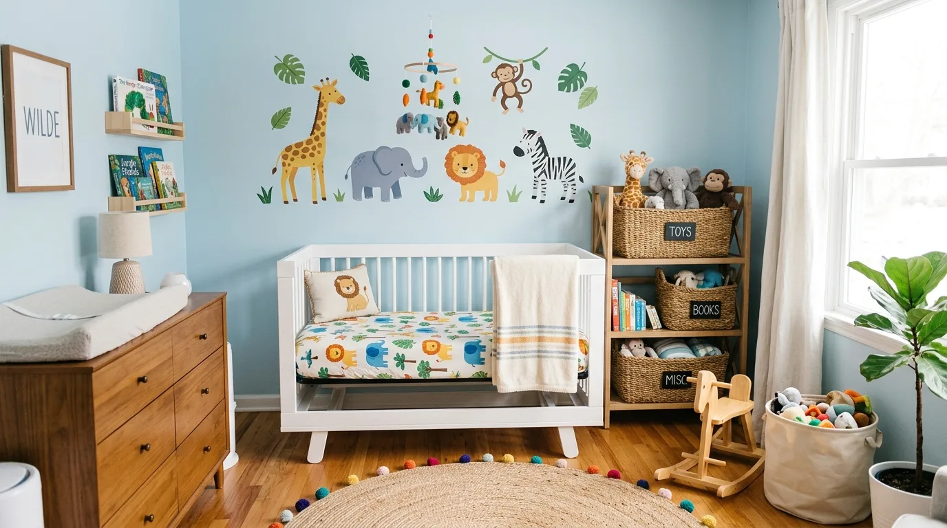 Animal themed boy nursery with jungle wall decals.