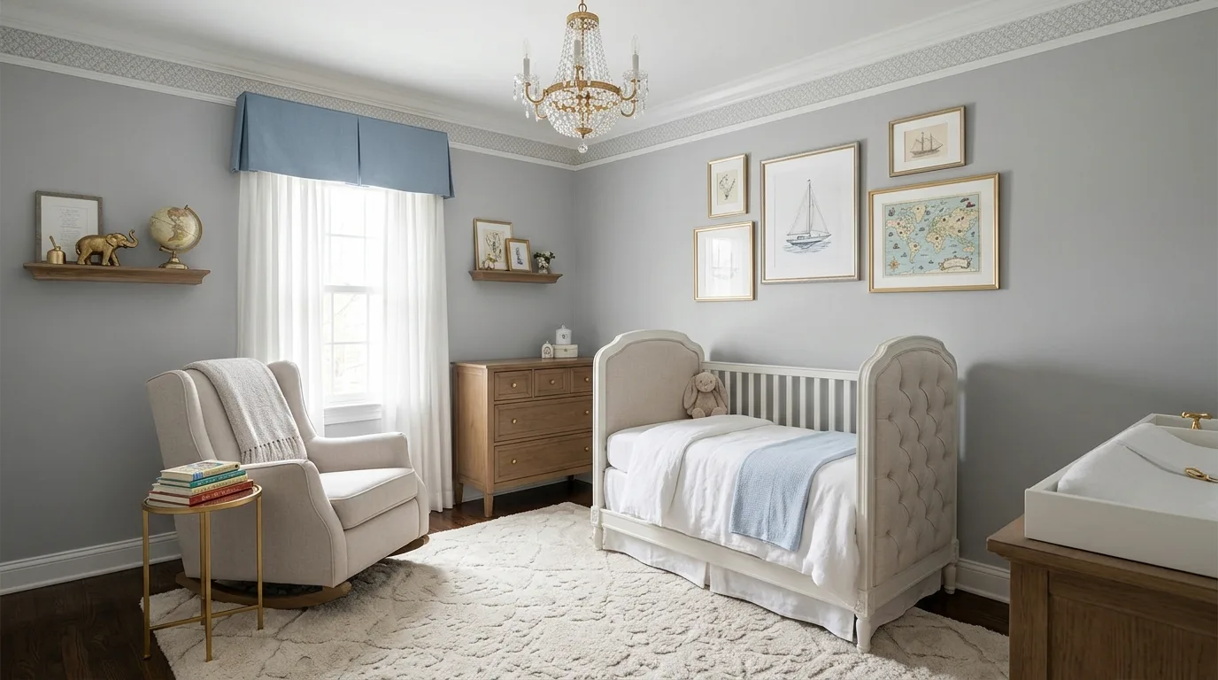 Elegant classic boy nursery with gray walls and soft gold accents.