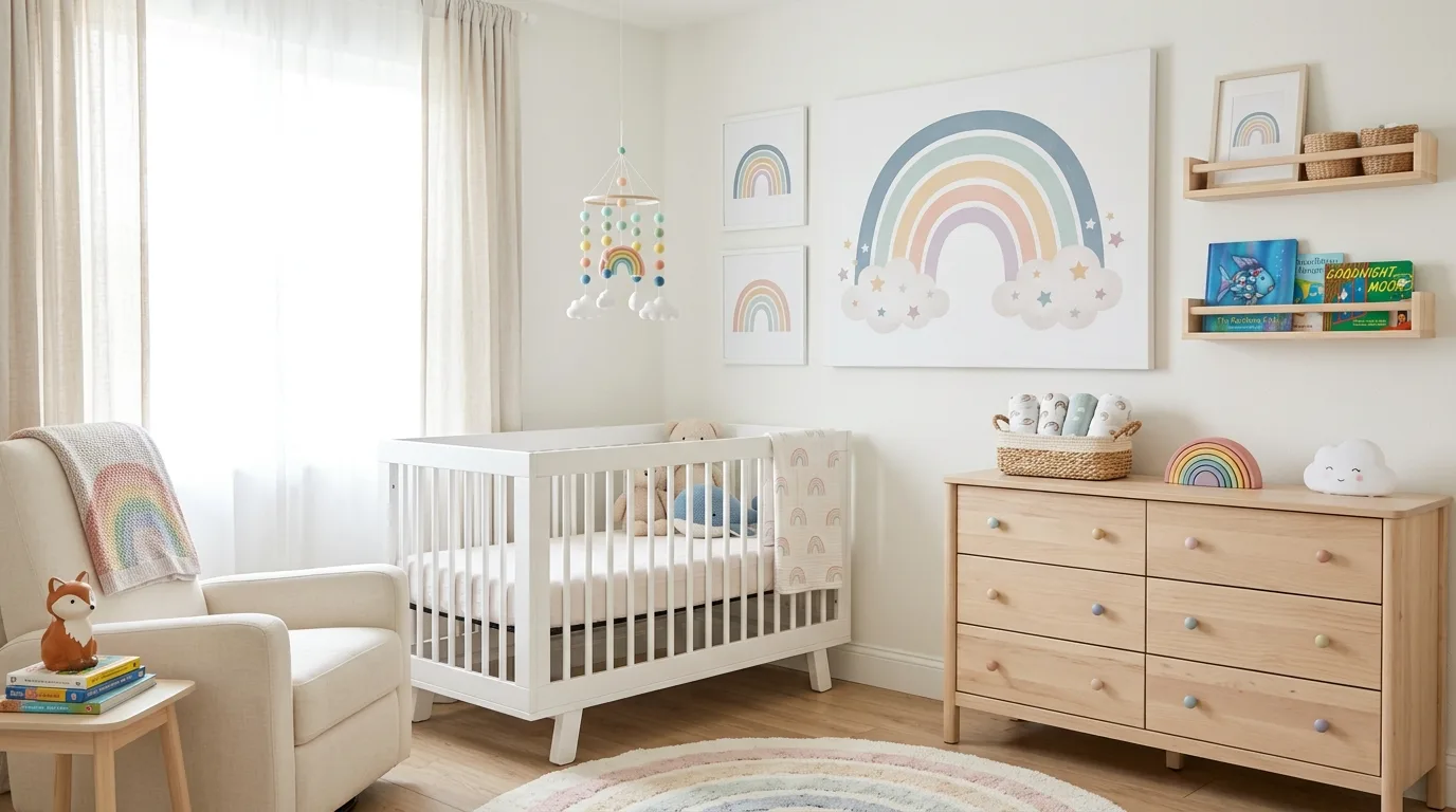 Rainbow themed boy nursery with muted pastel wall art.