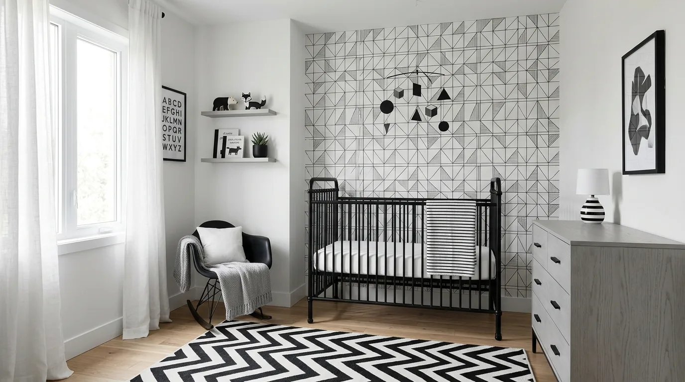 Monochrome boy nursery with geometric black and white decor.
