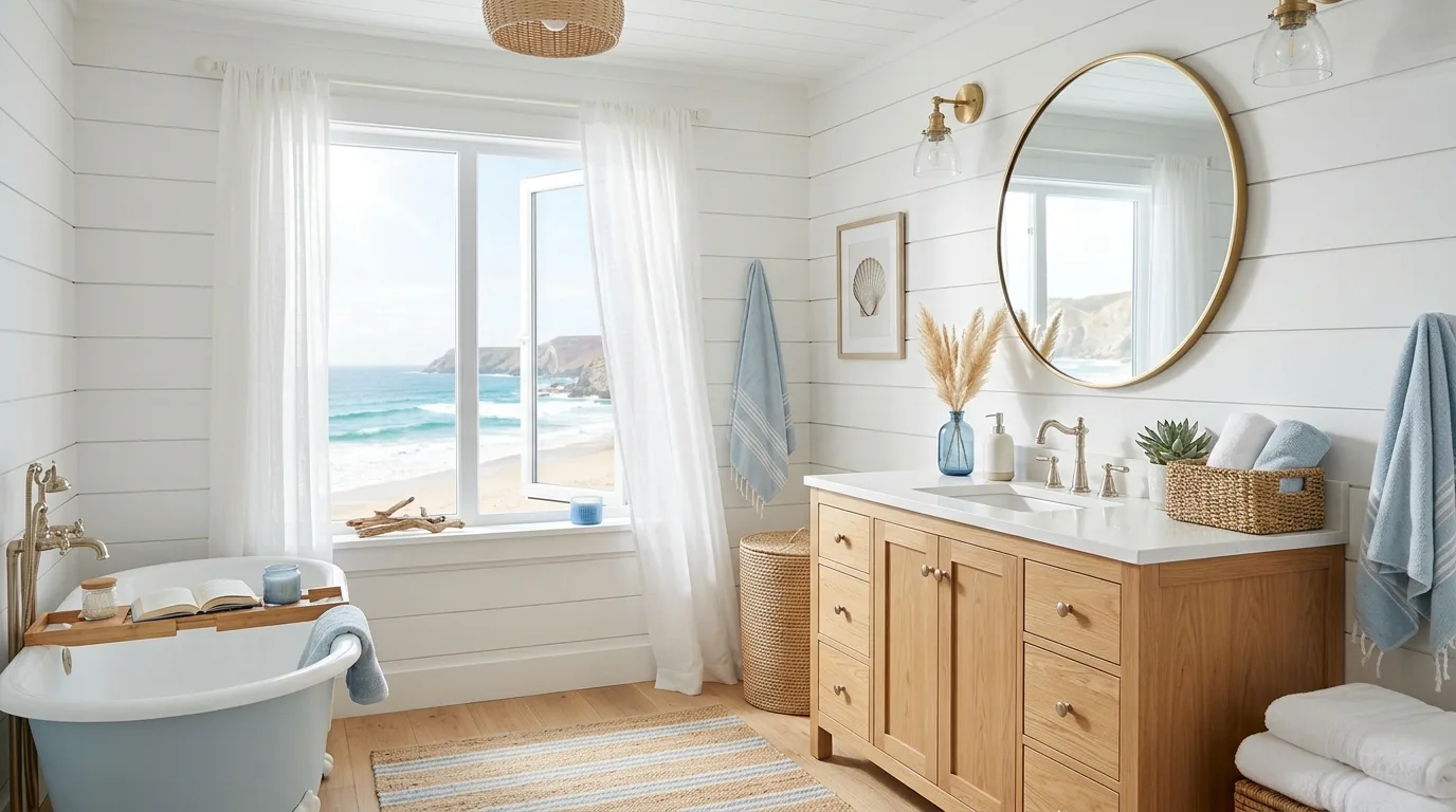 13 Breezy Coastal Bathroom Ideas for a Relaxing Beachy Oasis hero image