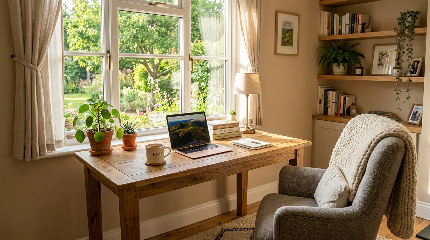 Cozy home office with a wooden desk by a large window and warm sunlight.