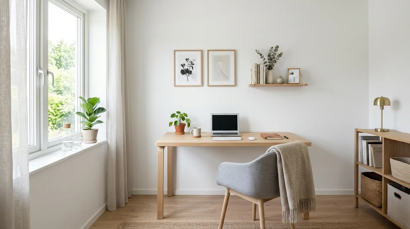 Scandinavian style home office with light wood desk and white walls.