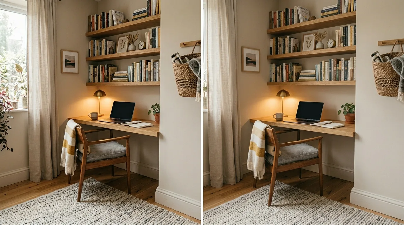 Small cozy home office nook with built-in desk and floating shelves.