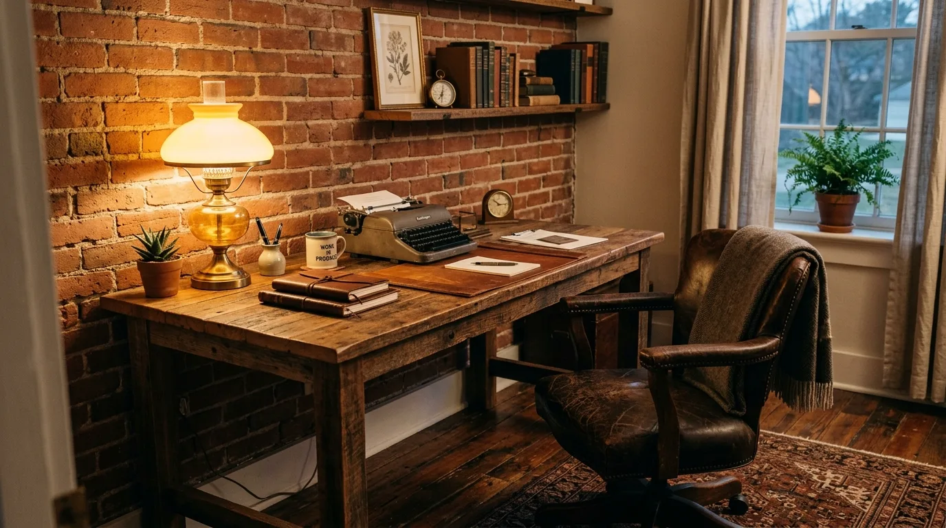 Rustic home office with reclaimed wood desk and exposed brick wall.