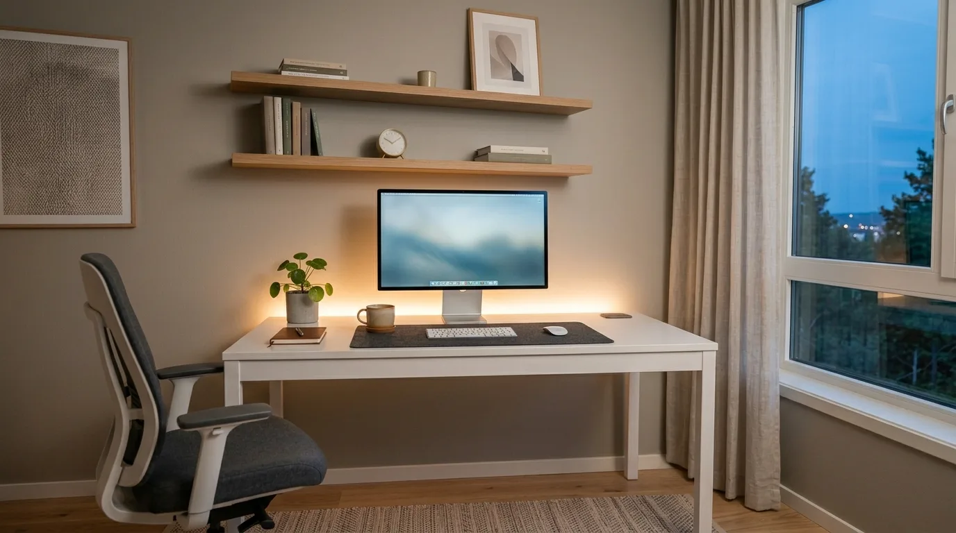 Modern cozy home office with sleek white desk and soft LED backlighting.