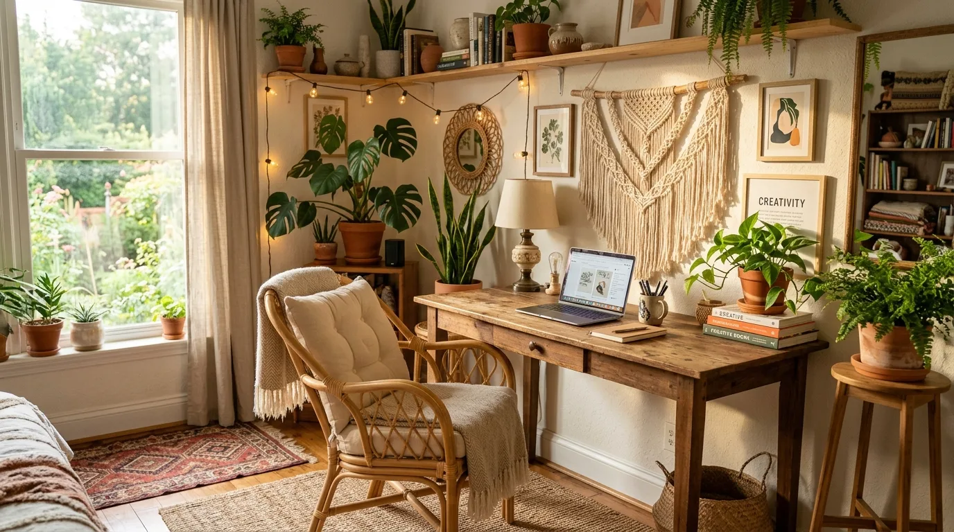Boho style home office with rattan chair and layered textiles.