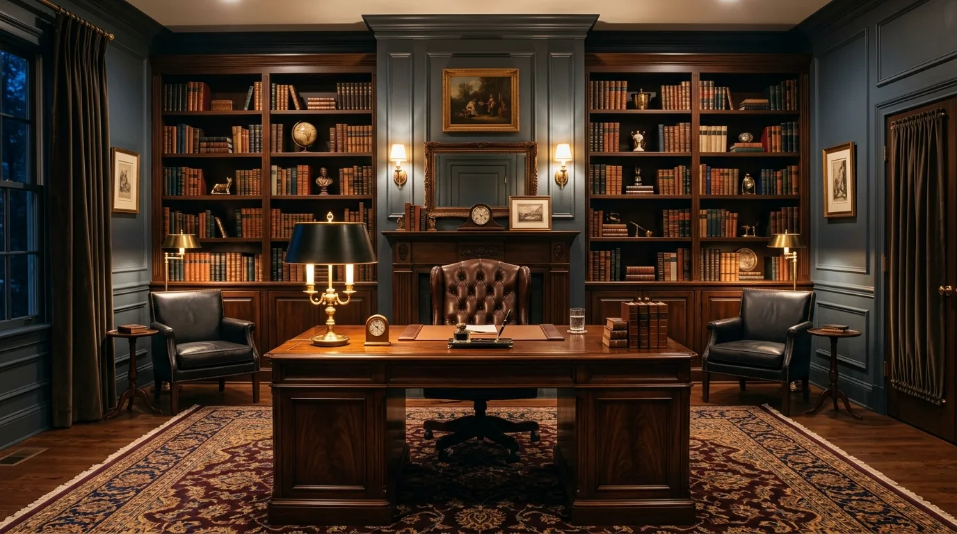 Elegant home office with dark wood desk and built-in bookshelves.