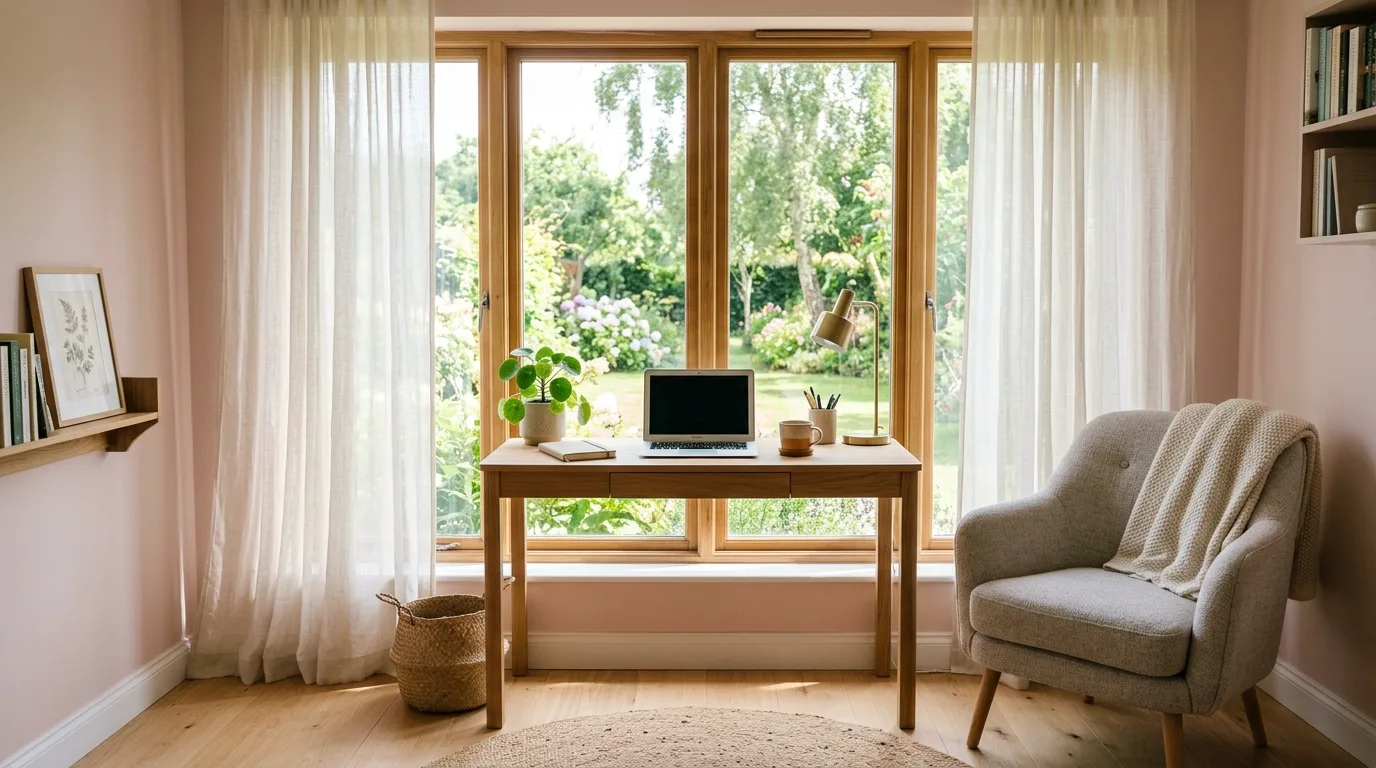 Window-facing home office with sheer curtains and pastel walls.