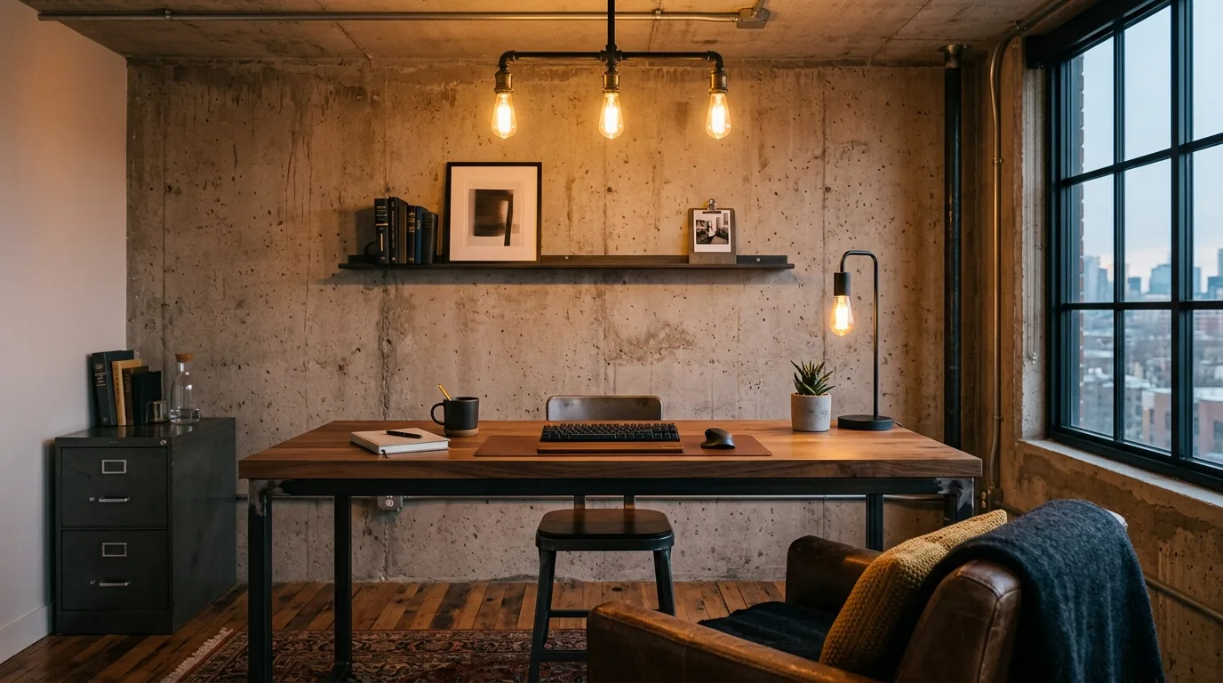 Industrial cozy home office with metal desk frame and Edison bulb lighting.