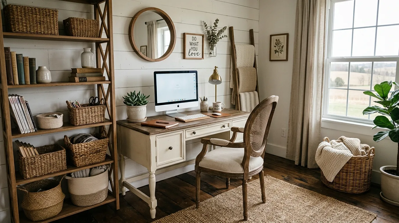 Farmhouse style home office with white desk and shiplap walls.