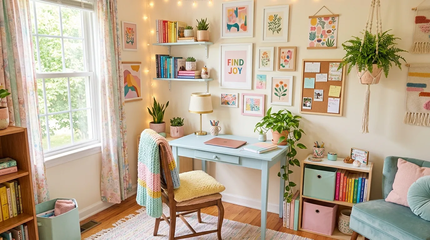 Colorful cozy home office with pastel accents and decorative wall art.
