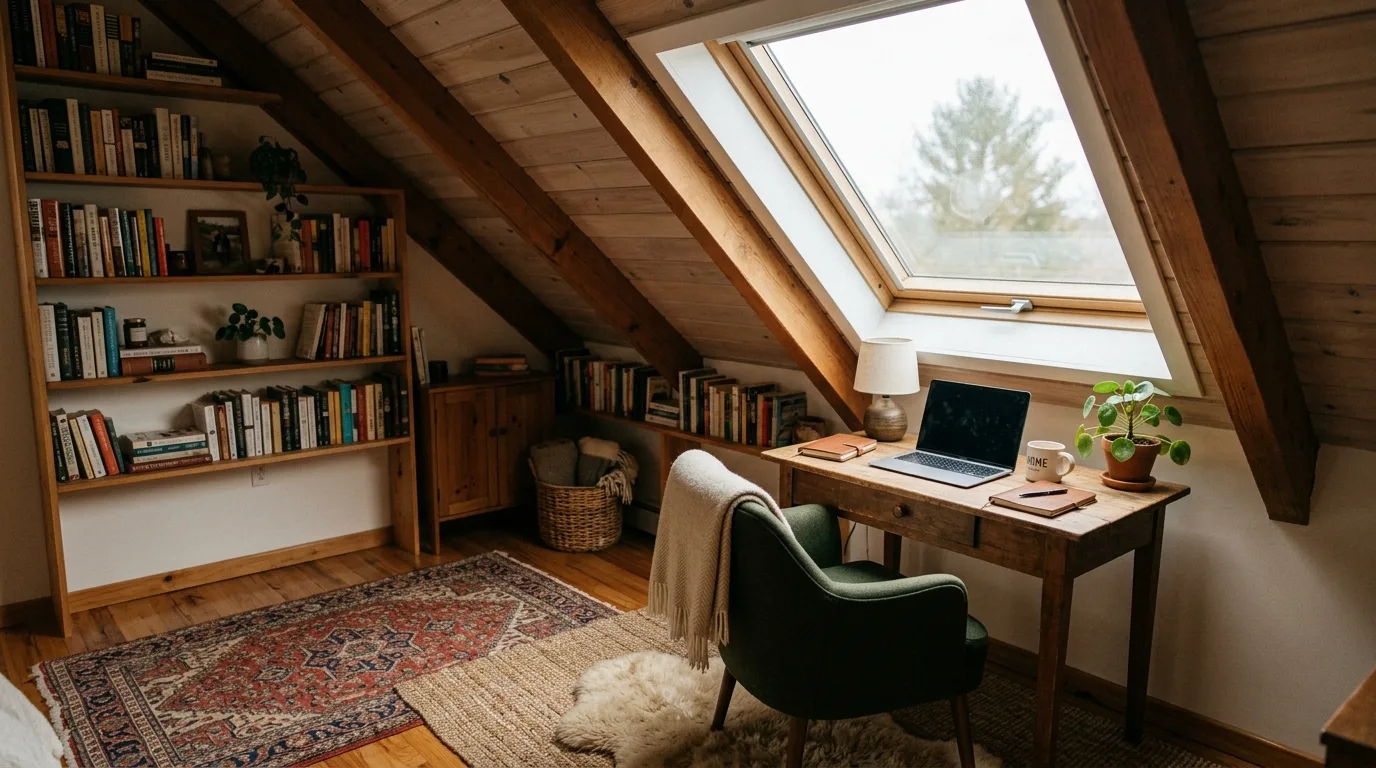 Attic home office with sloped ceiling and skylight.
