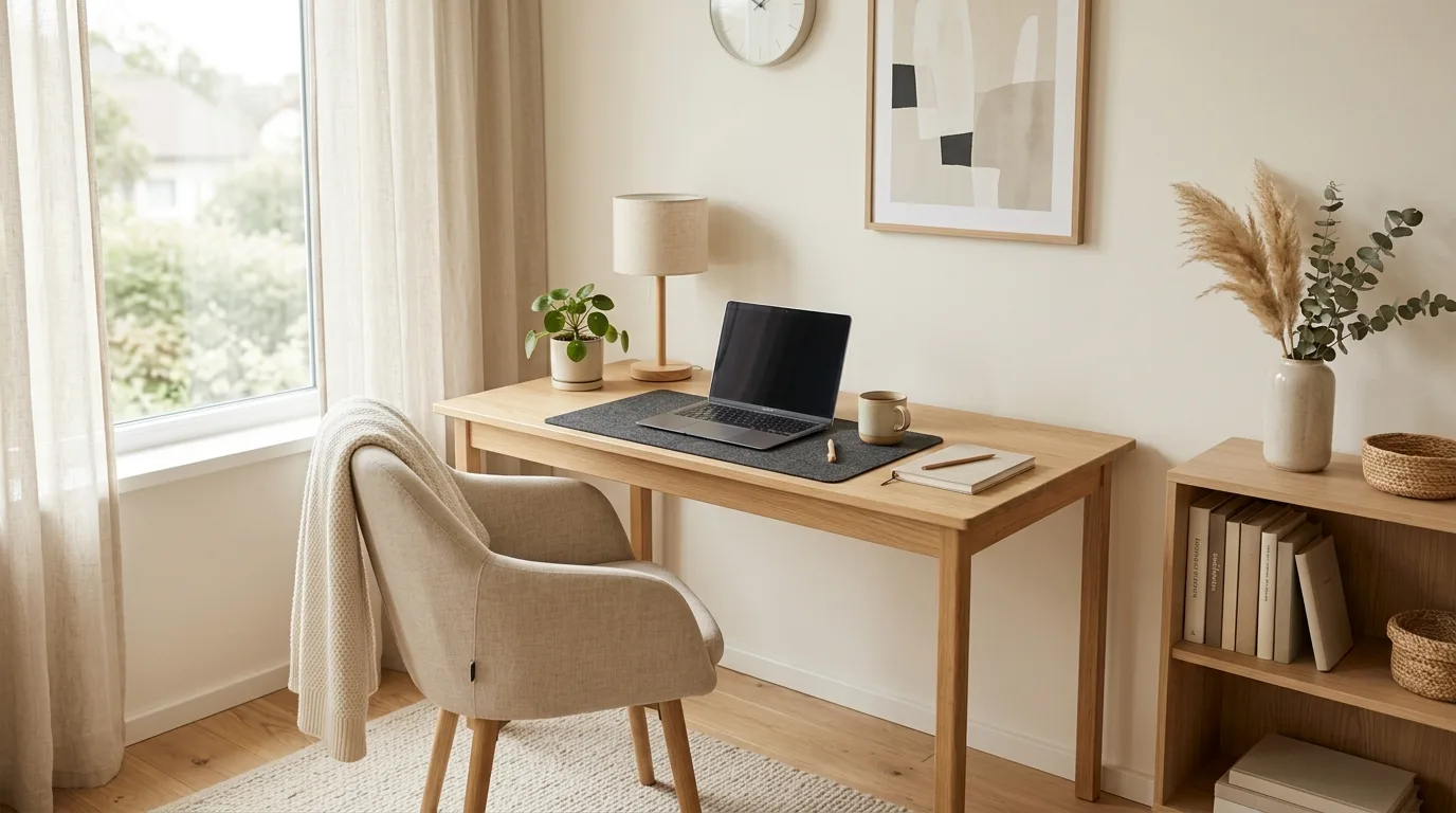 Minimalist cozy home office with simple desk and neutral tones.