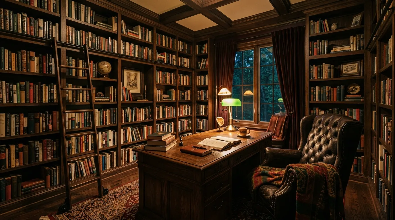 Library-style home office with floor-to-ceiling bookshelves.