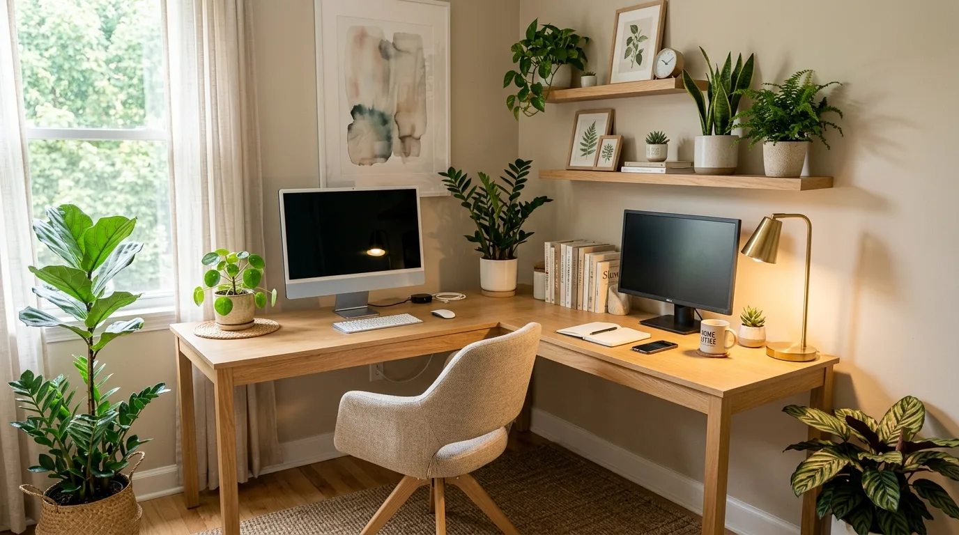 Corner home office setup with L-shaped desk and indoor plants.