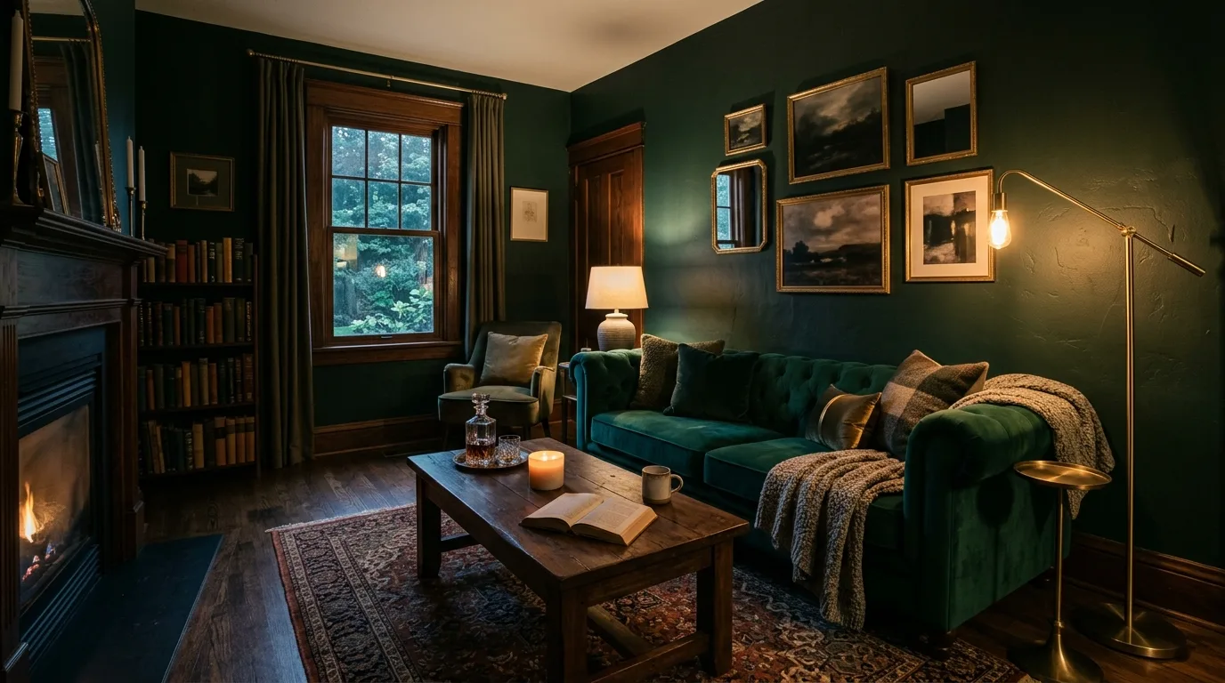 13 Moody Dark Green Living Room Ideas for a Dramatic and Cozy Space hero image