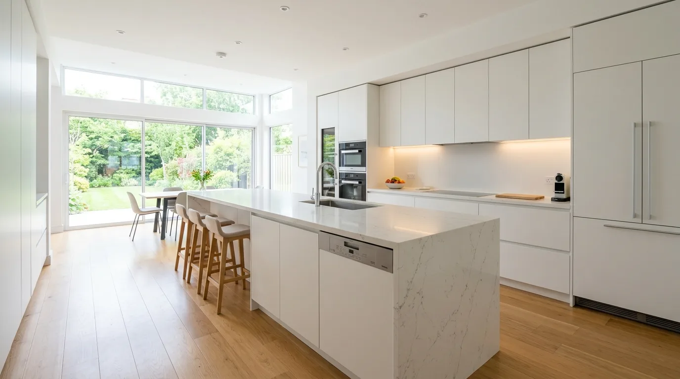 Sleek modern kitchen with matte white cabinets and a waterfall quartz island.