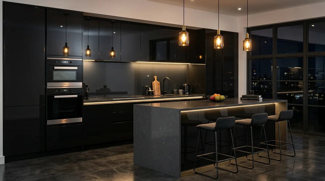 Contemporary kitchen with glossy black cabinetry and dramatic ambient lighting.