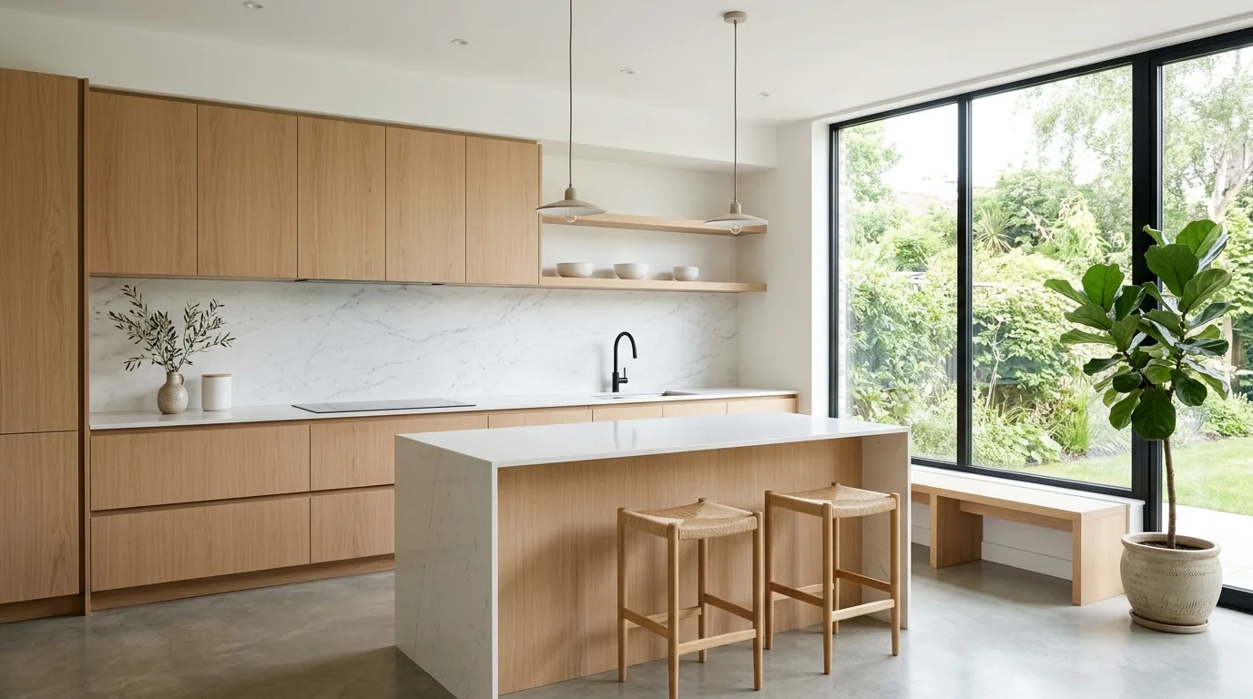 Minimalist modern kitchen with light wood cabinets and white marble backsplash.
