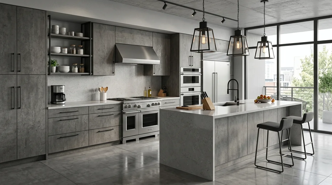 Ultra-modern kitchen with concrete textured cabinets and stainless steel appliances.