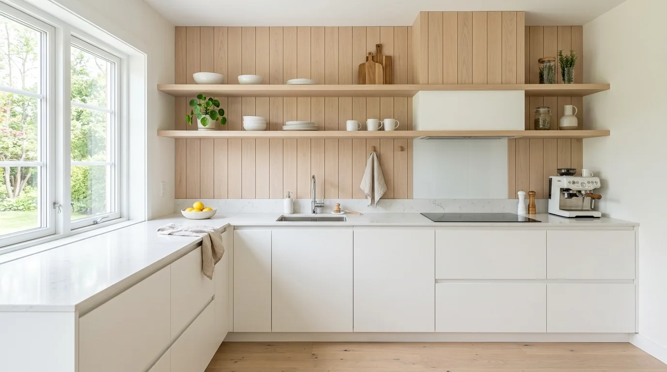 Scandinavian modern kitchen with pale wood finishes and white cabinets.
