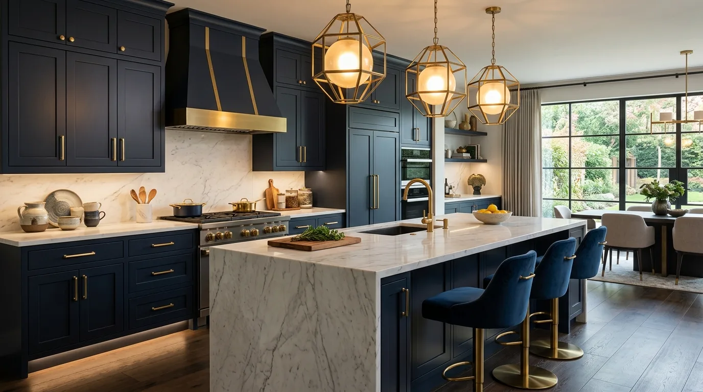 High-end modern kitchen with dark navy cabinets and gold accents.