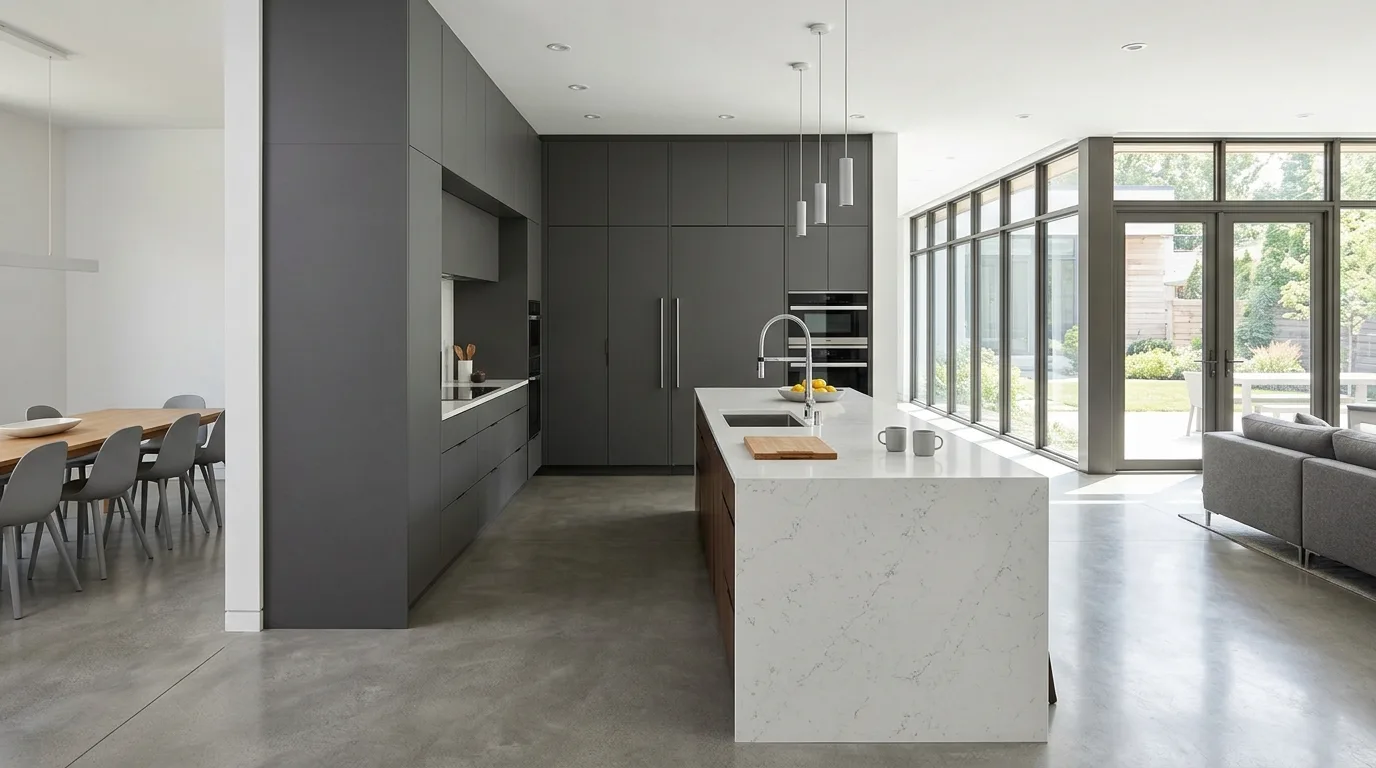 Open-concept modern kitchen with seamless cabinetry and large island.