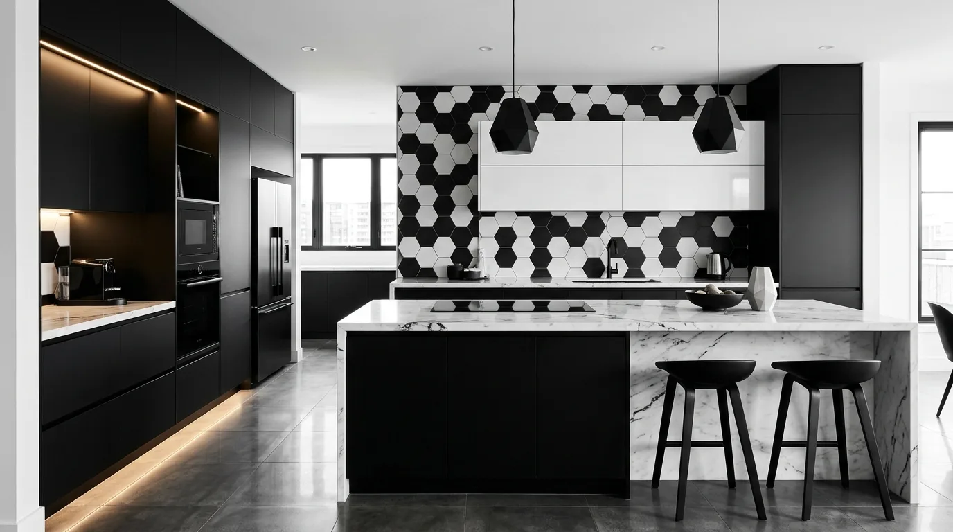 Monochrome modern kitchen with black and white contrast.