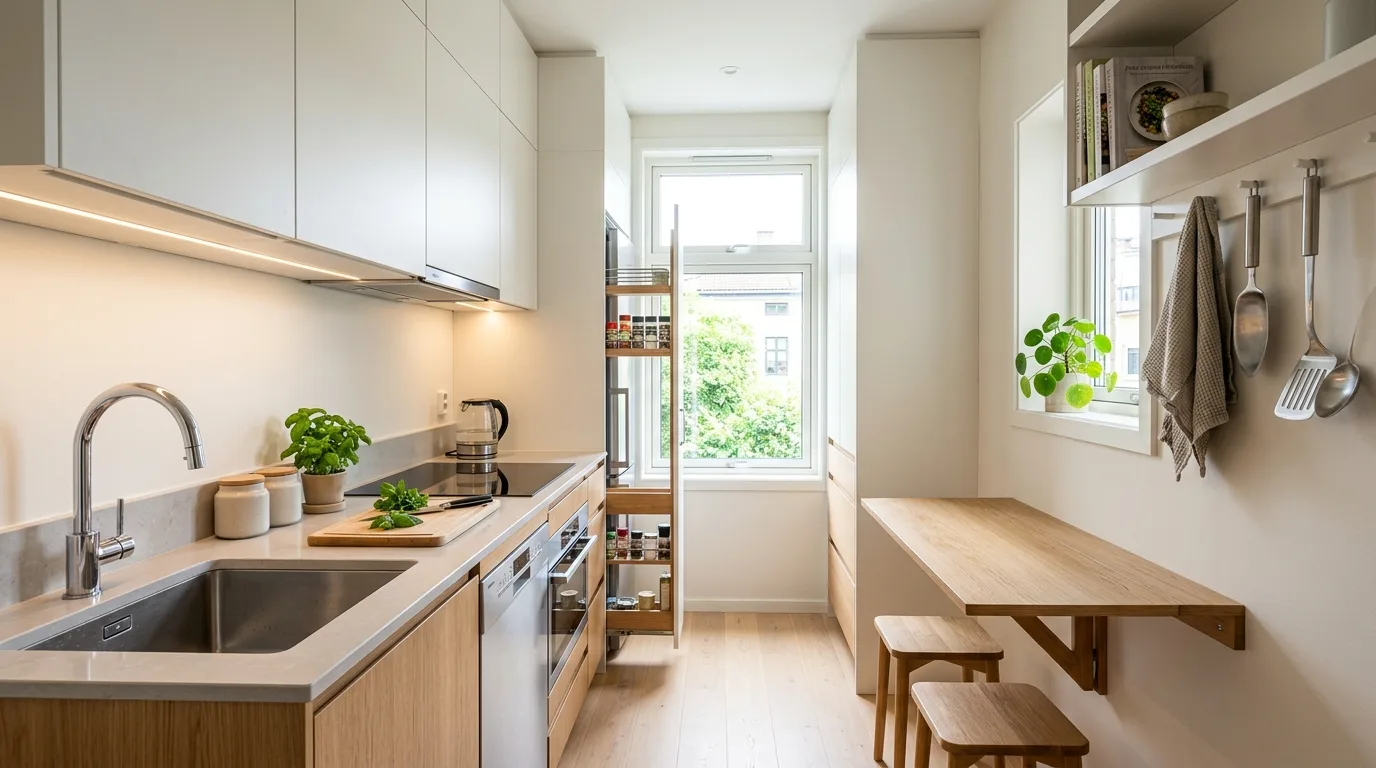 Compact modern kitchen with smart storage and slim cabinets.