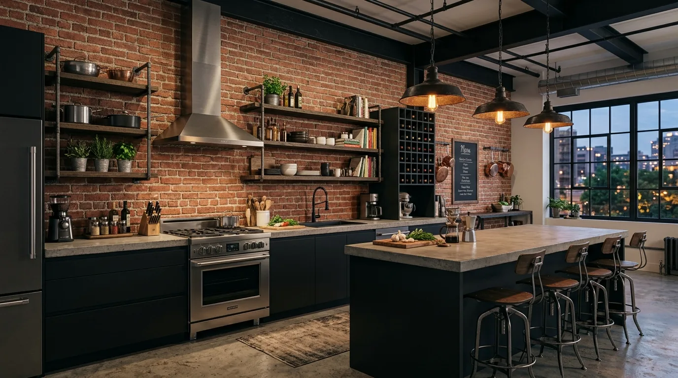Industrial modern kitchen with exposed brick and metal shelving.