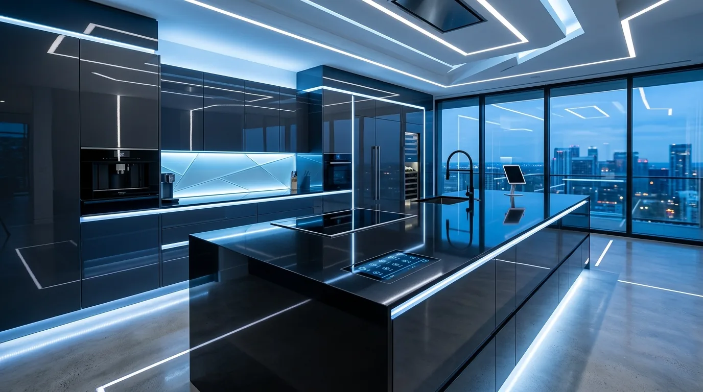 Futuristic modern kitchen with high-gloss surfaces and LED strip lighting.