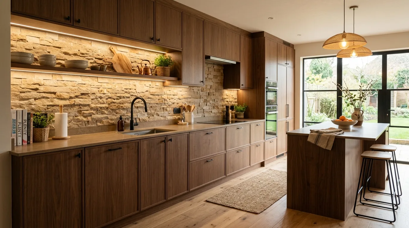Earth-toned modern kitchen with warm brown cabinets and stone backsplash.