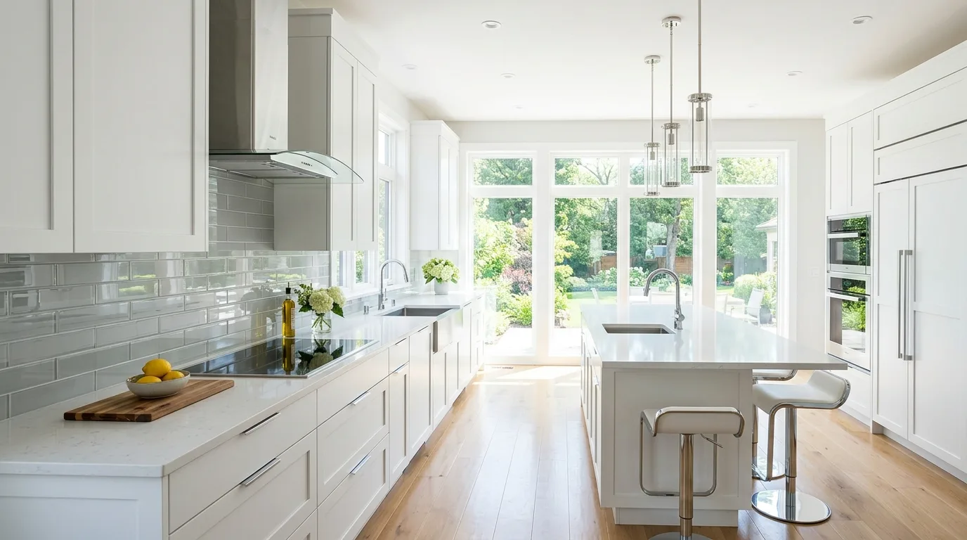 Bright modern kitchen with white cabinets and glass backsplash.