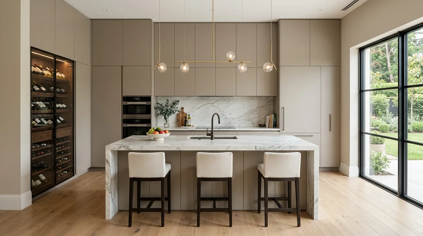 Elegant modern kitchen with marble island and built-in wine storage.