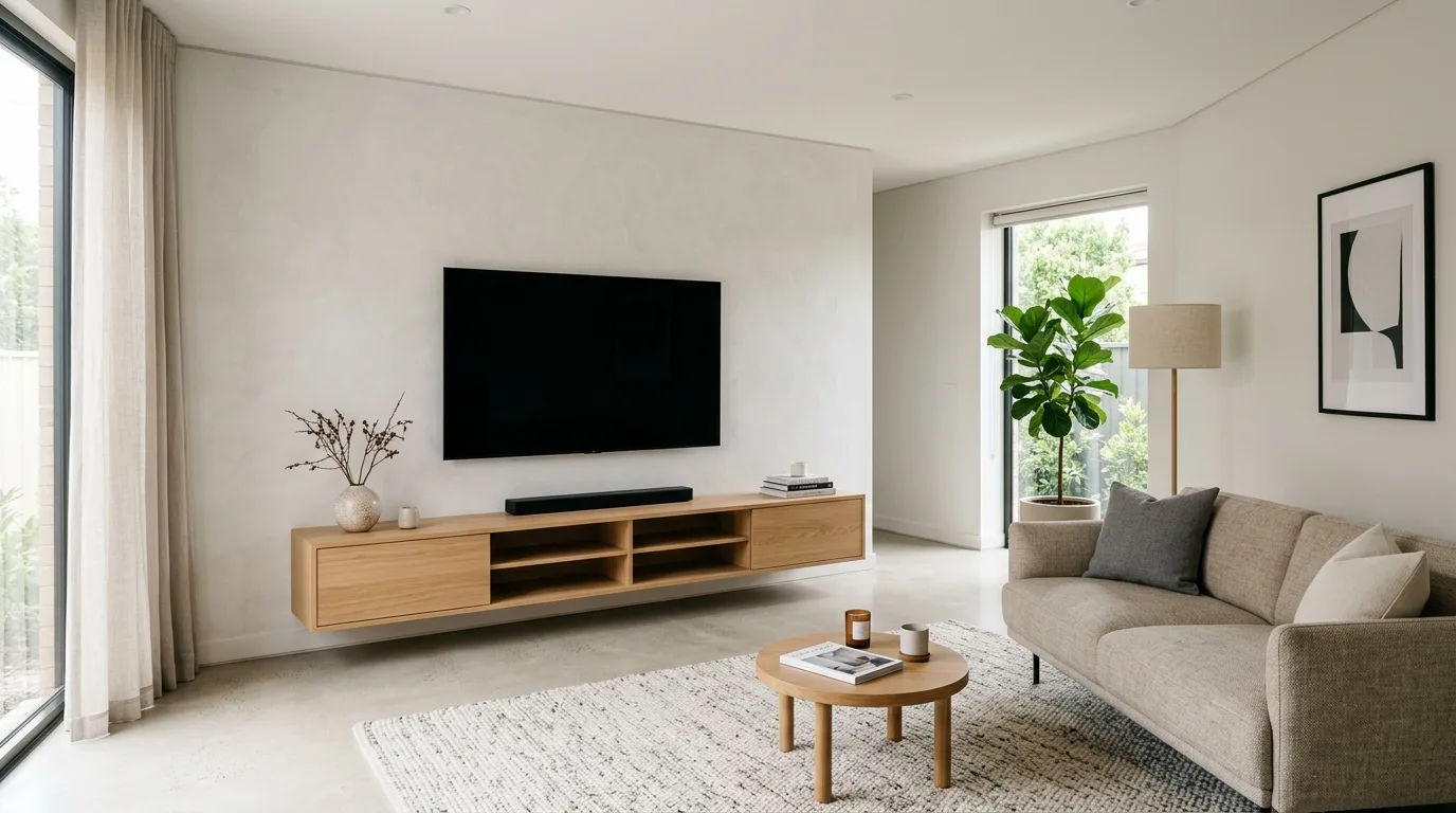 Modern minimalist living room with a sleek wall-mounted flat screen TV on a matte white textured wall.