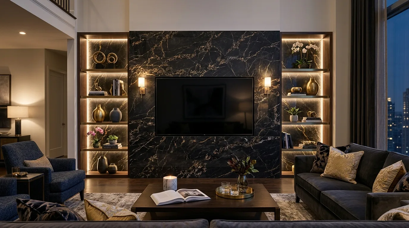 Luxurious living room TV wall with dark marble slab and subtle gold veining.