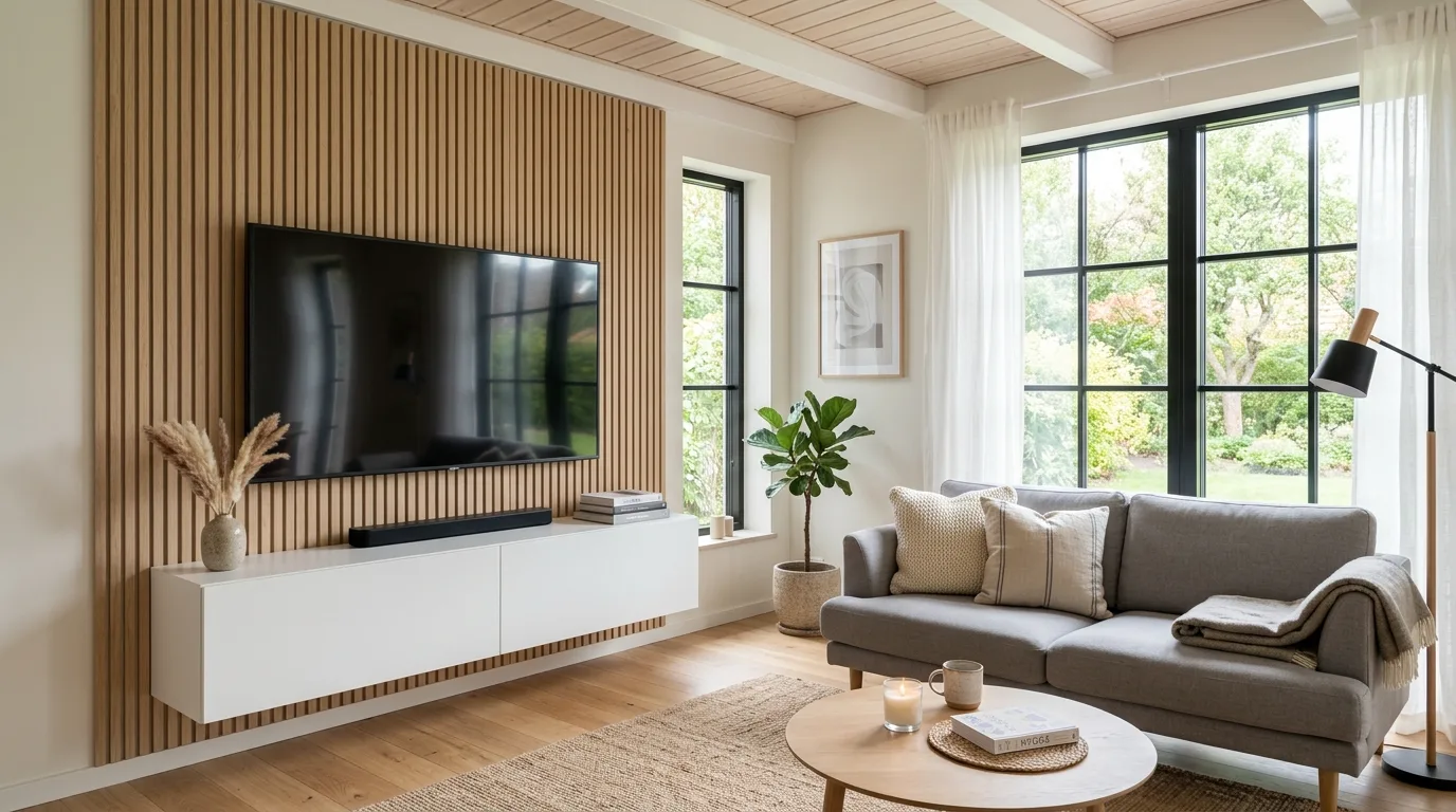 Scandinavian living room with light wood slat TV accent wall.