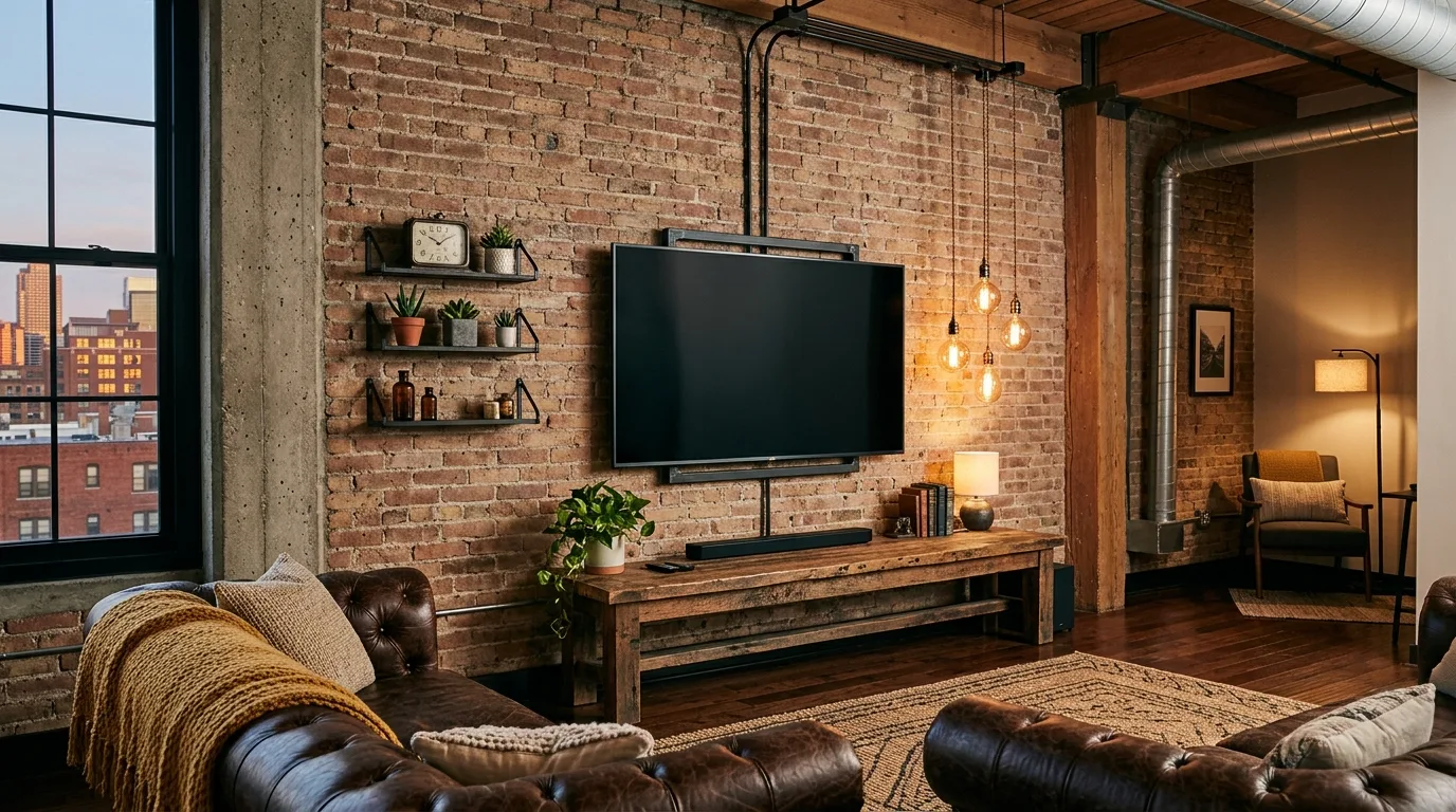 Industrial loft living room TV wall with exposed brick and reclaimed wood console.
