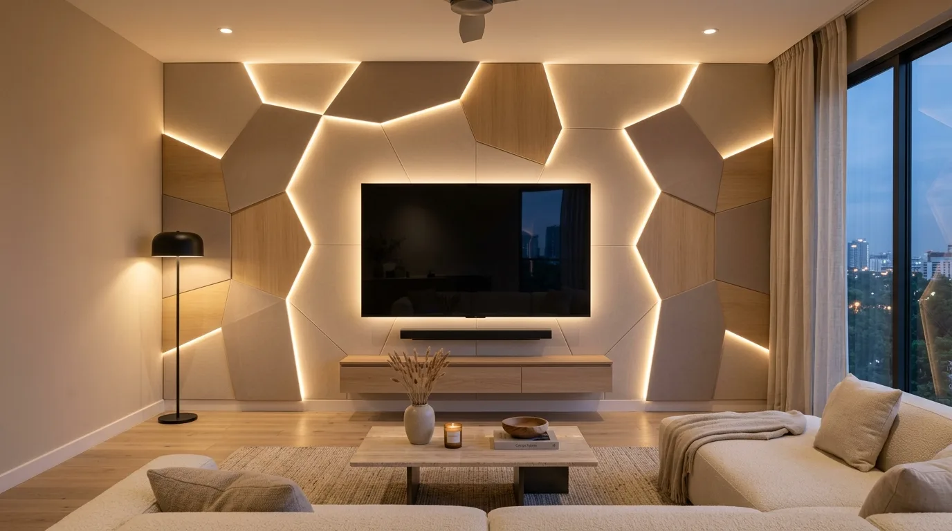 Contemporary geometric panel TV wall with hidden LED strip lighting.